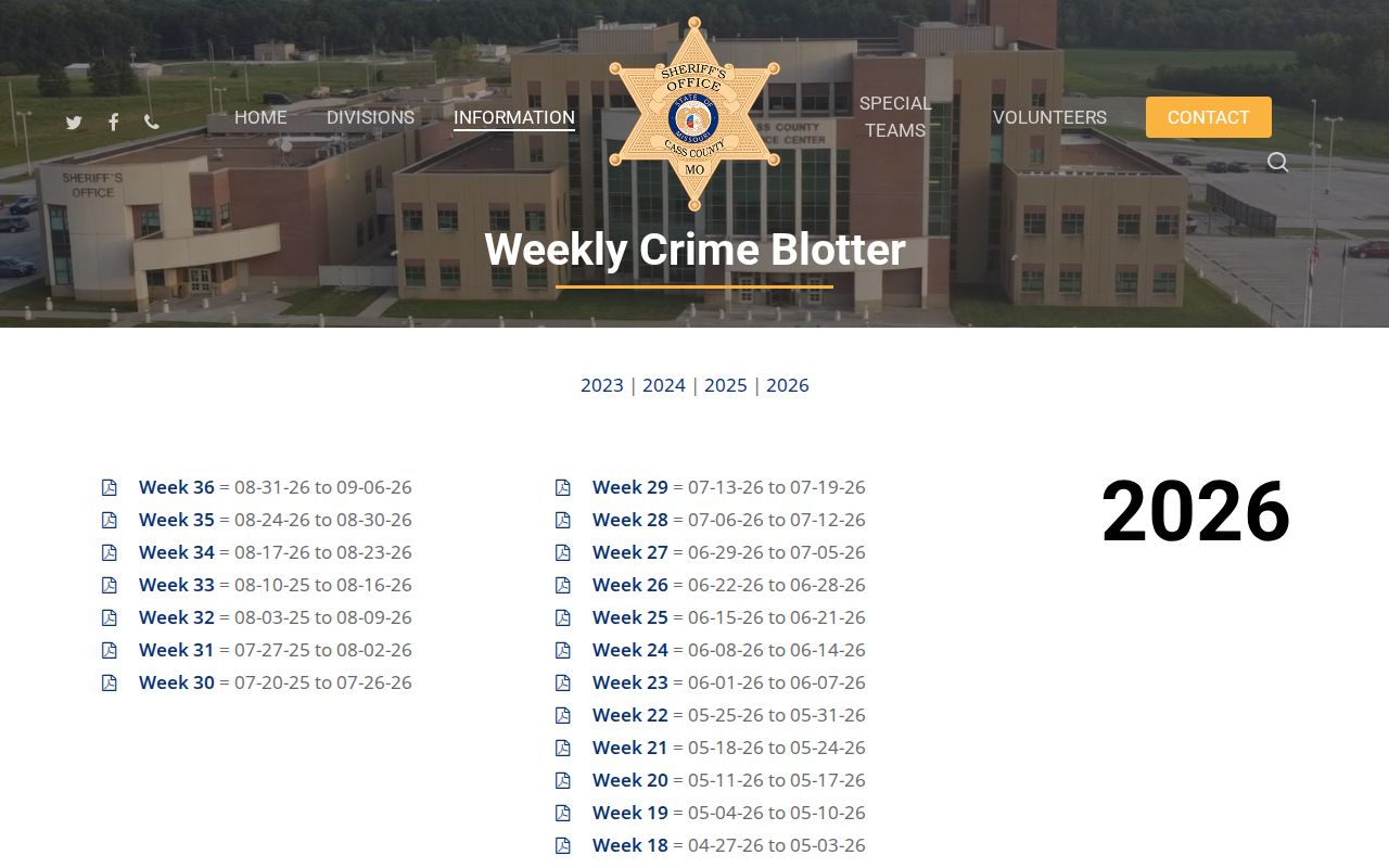 Cass County Sheriff Weekly Crime Blotter archive with year and week links