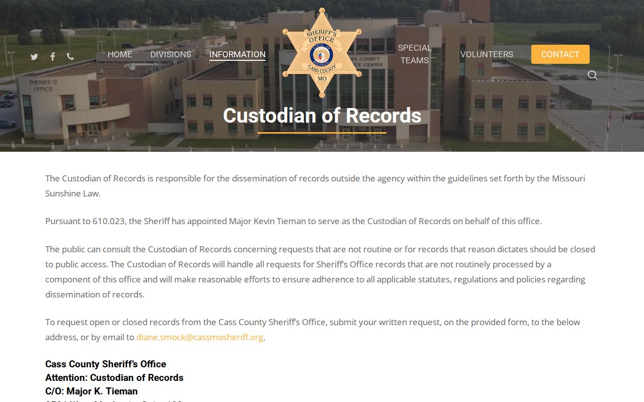 Cass County Sheriff arrest records custodian rules
