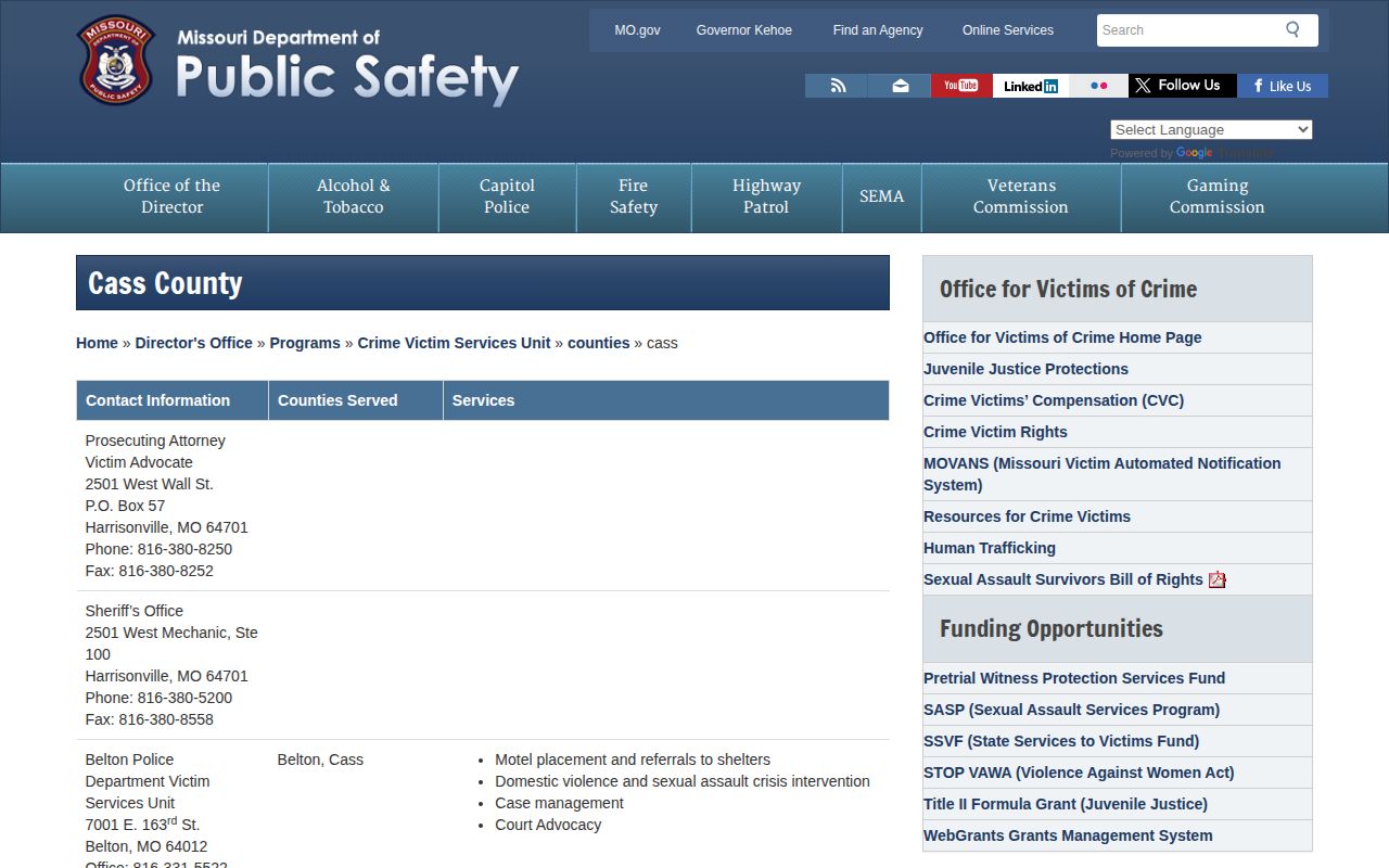 Missouri DPS Cass County victim-services contact page