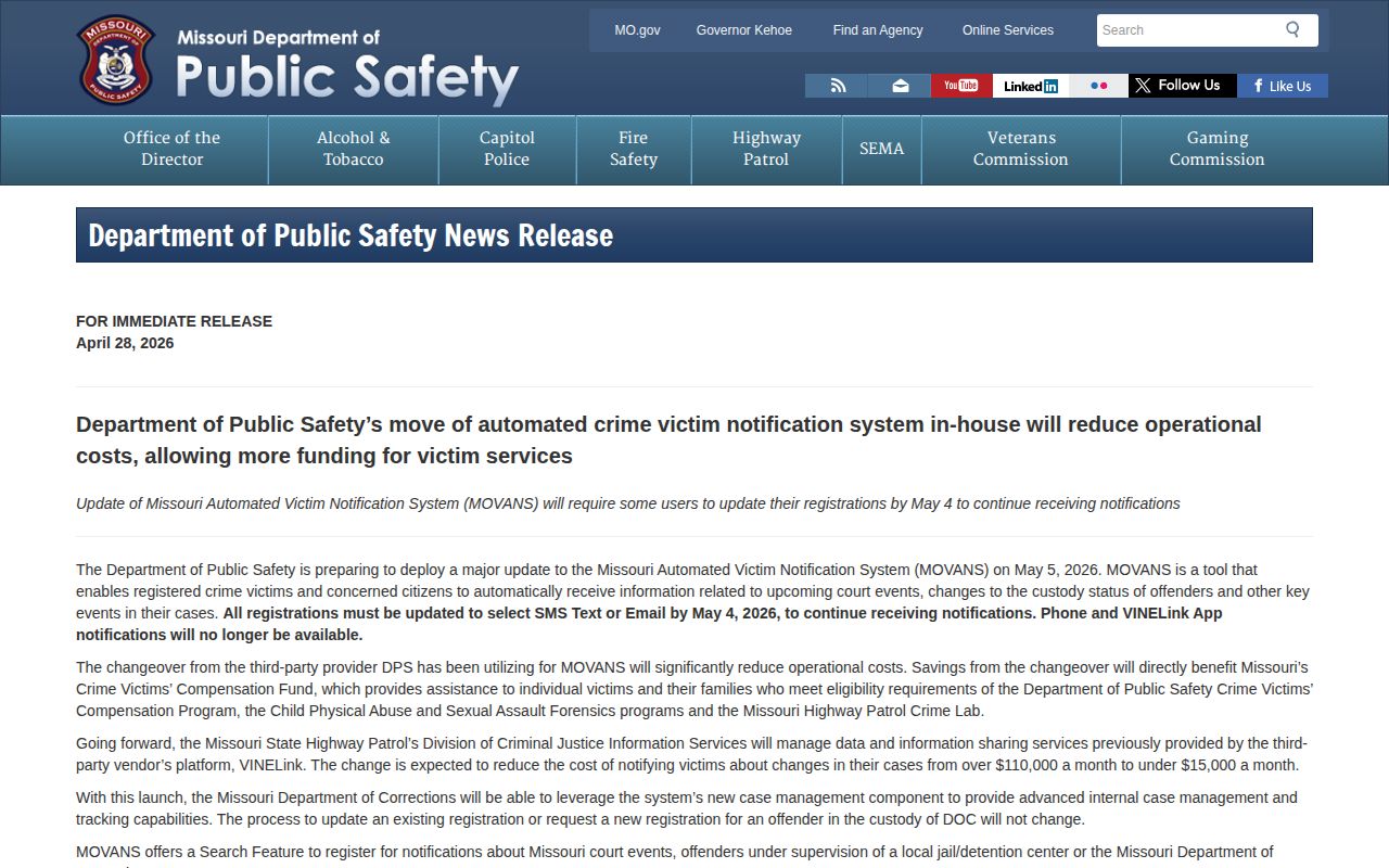 Missouri DPS announcement changing MOVANS notification channels in May 2026