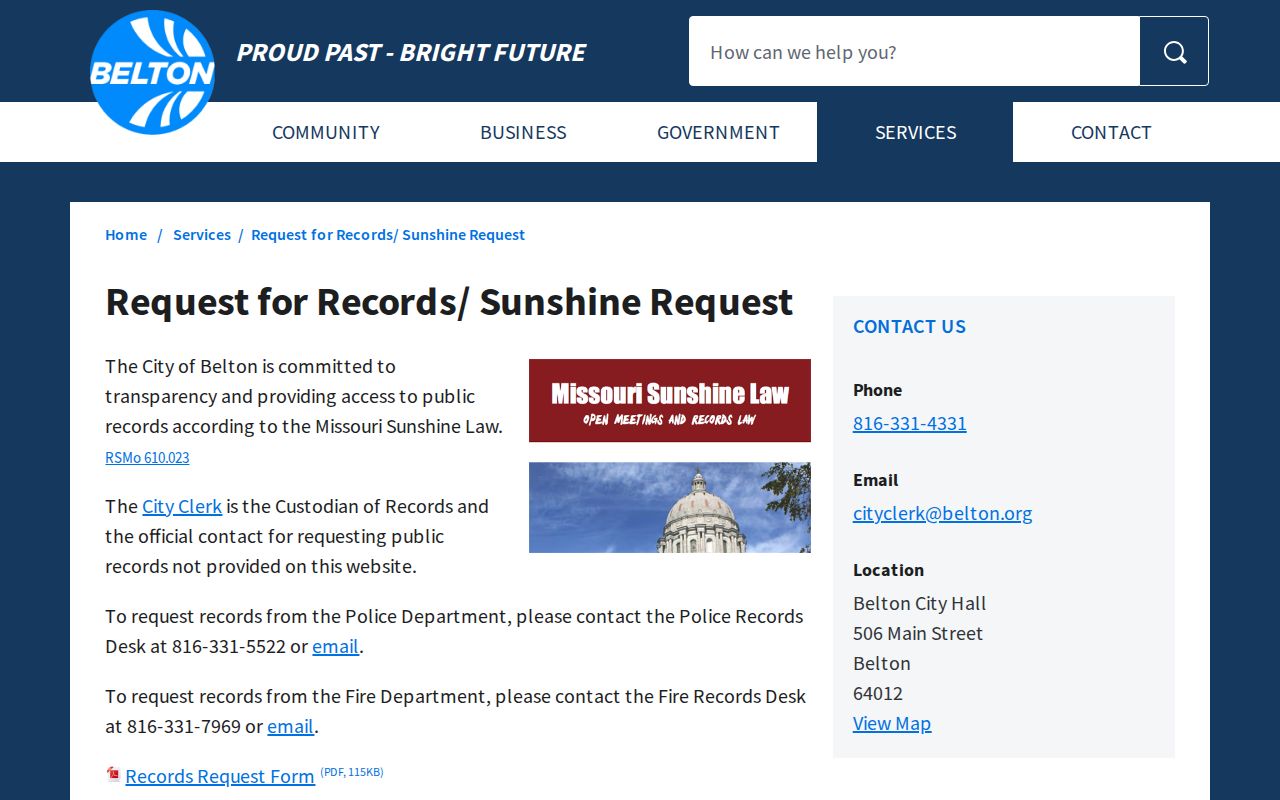 Belton official Sunshine records request page