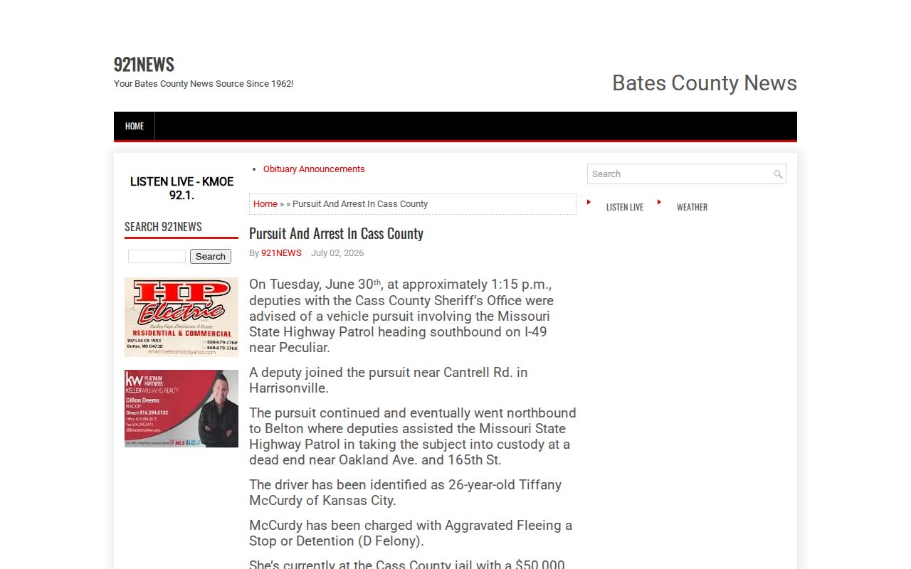 921 News article about a pursuit and arrest in Cass County